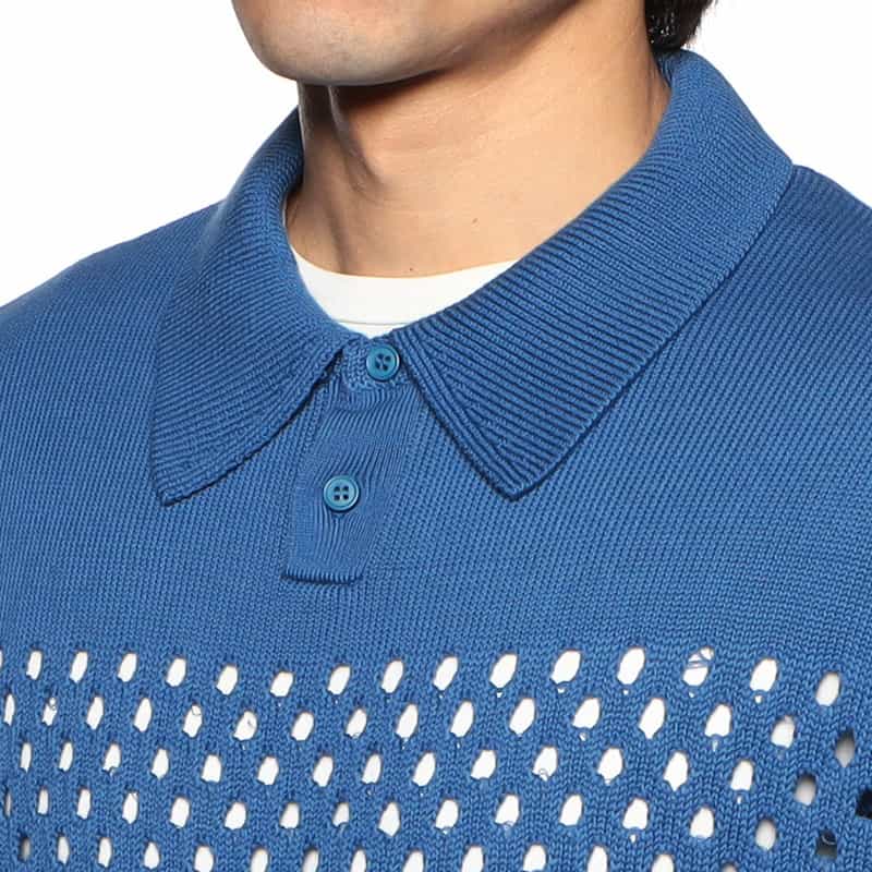 BARNEYS NEW YORK メッシュ切替ニットポロシャツ BLUE