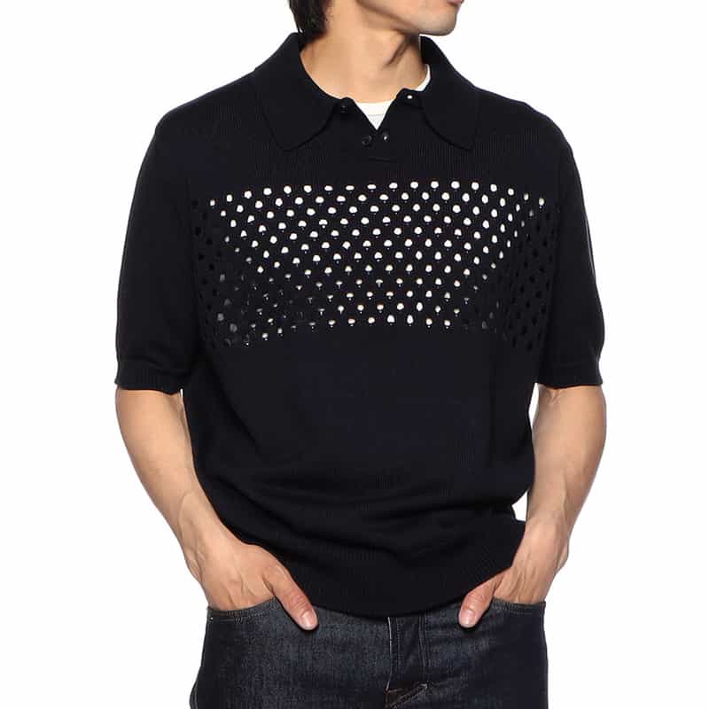 BARNEYS NEW YORK メッシュ切替ニットポロシャツ NAVY