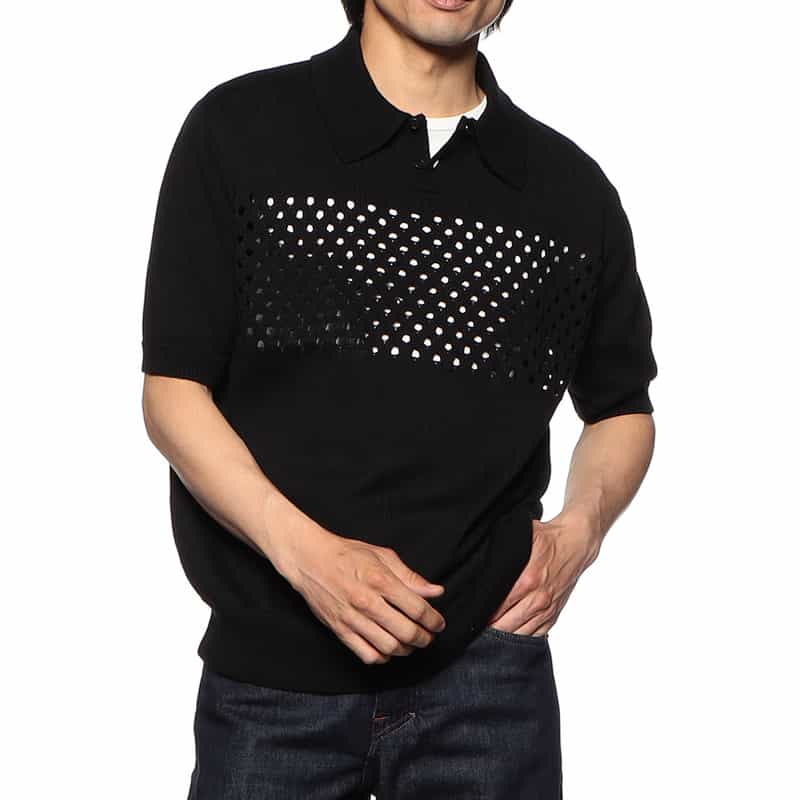 BARNEYS NEW YORK メッシュ切替ニットポロシャツ BLACK