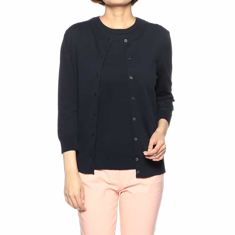 BARNEYS NEW YORK ウォッシャブルコットンクルーネックニットカーディガン DARK NAVY