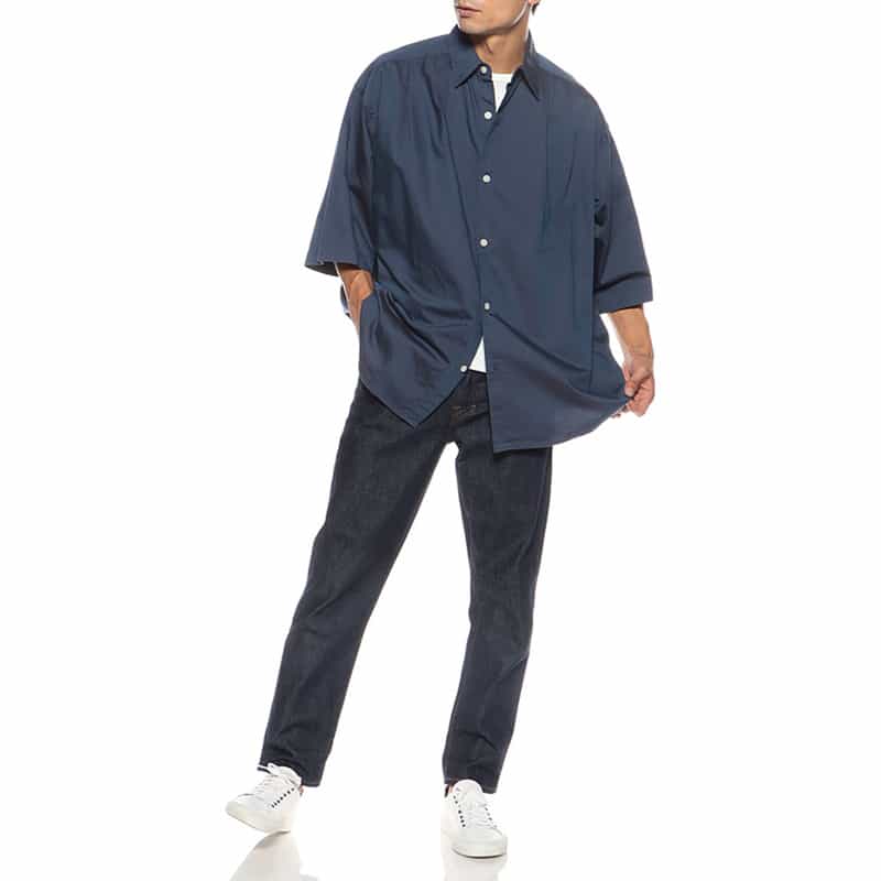 BARNEYS NEW YORK ウォッシャブル コットンソラーロツイル オーバーフィットシャツ BLUE