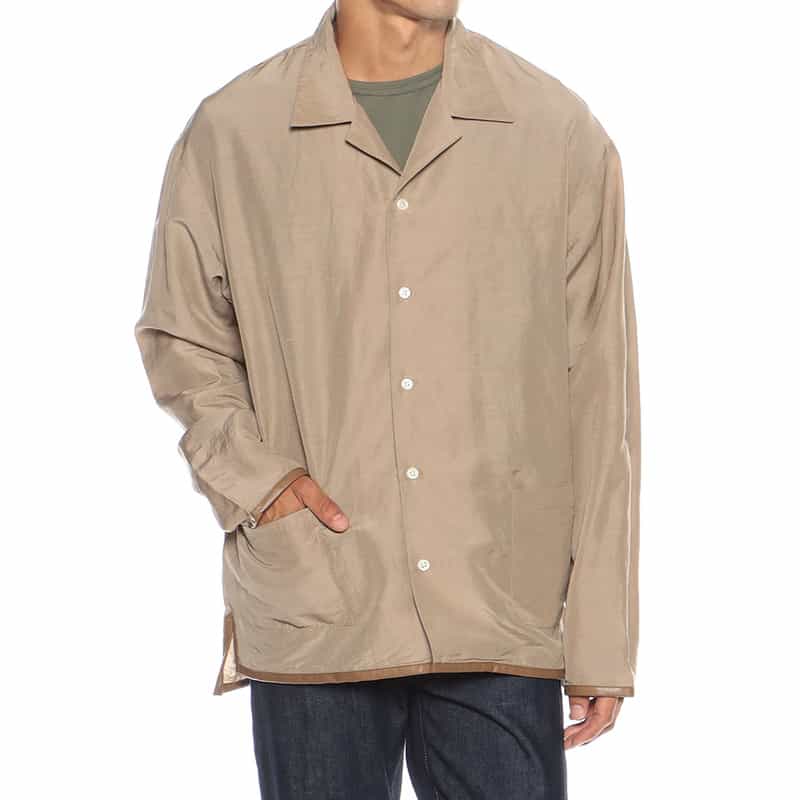BARNEYS NEW YORK ウォッシャブル パイピング オープンカラー シャツ BEIGE