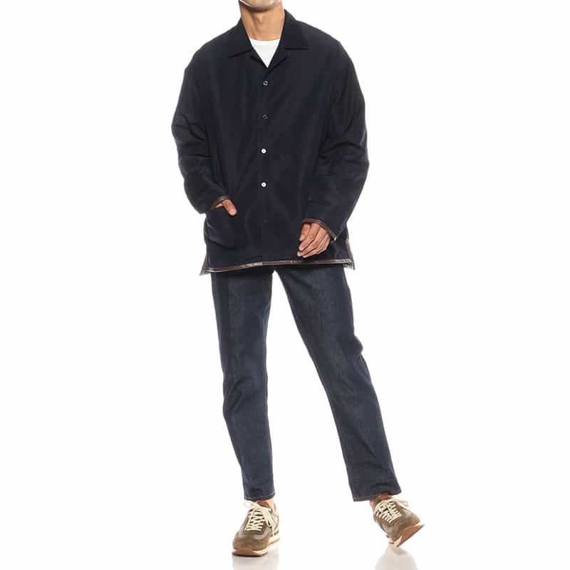 BARNEYS NEW YORK ウォッシャブル パイピング オープンカラー シャツ NAVY