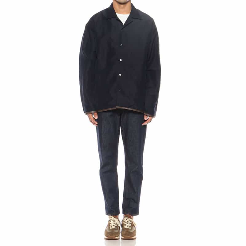 BARNEYS NEW YORK ウォッシャブル パイピング オープンカラー シャツ NAVY