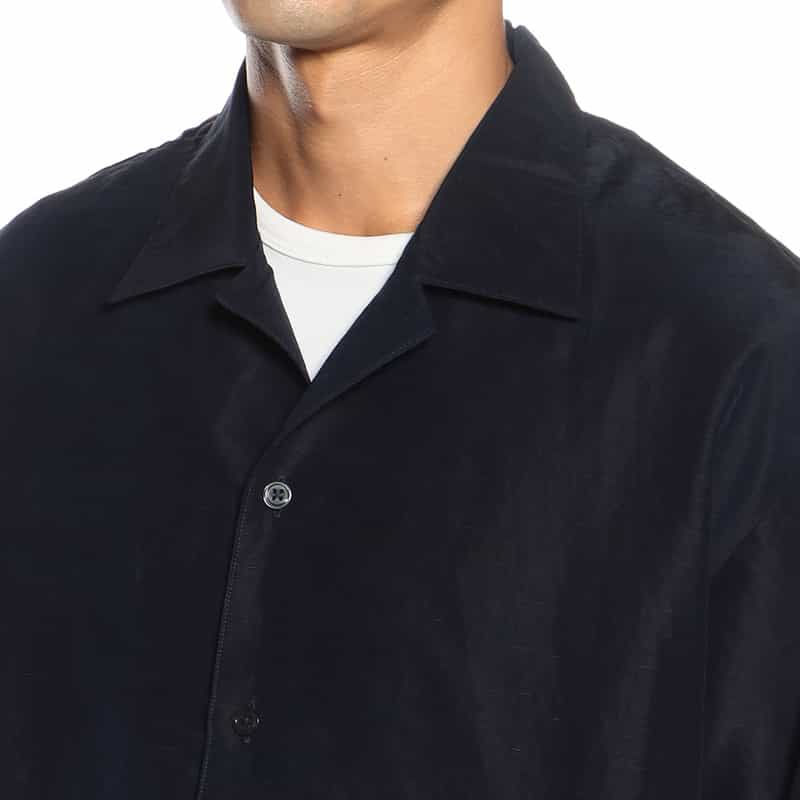 BARNEYS NEW YORK ウォッシャブル パイピング オープンカラー シャツ NAVY