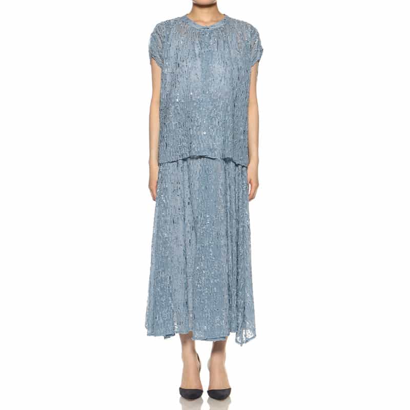 BARNEYS NEW YORK セットアップシアープリントフレアスカート LIGHT BLUE
