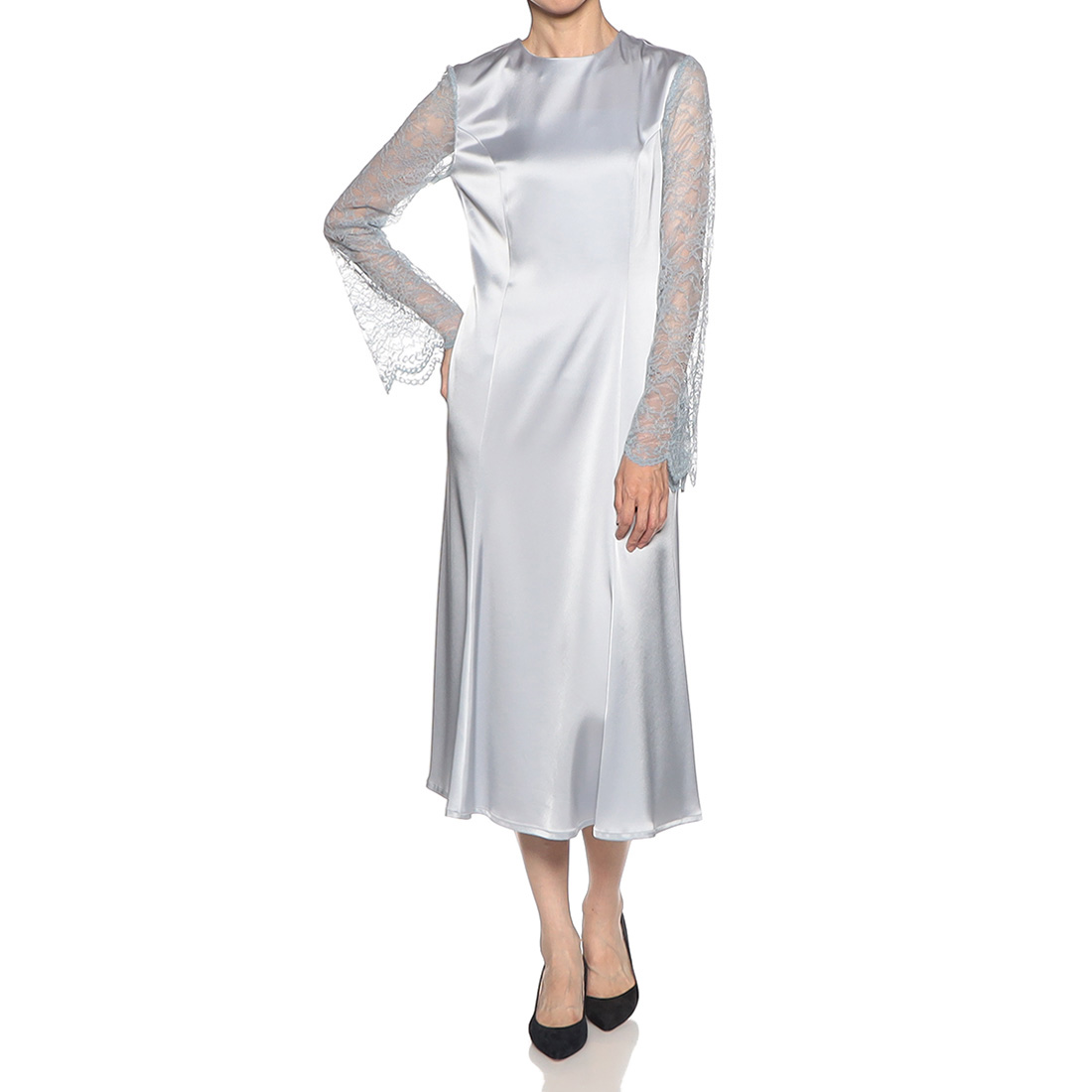 サテン × レース フィット＆フレアゲストドレス