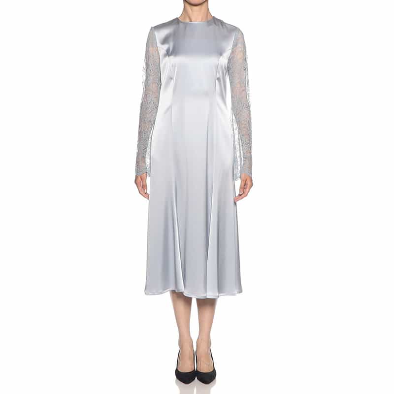 BARNEYS NEW YORK サテン × レース フィット＆フレアゲストドレス LIGHT BLUE