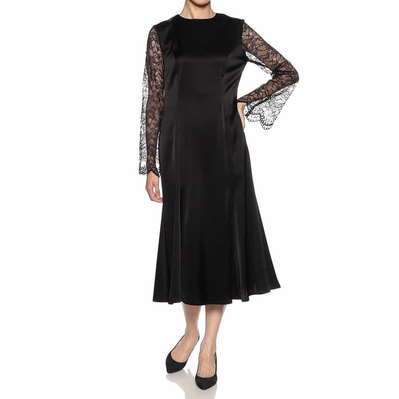 BARNEYS NEW YORK サテン × レース フィット＆フレアゲストドレス BLACK