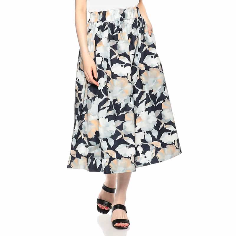 BARNEYS NEW YORK ウォッシャブル プリントギャザースカート DARK NAVY