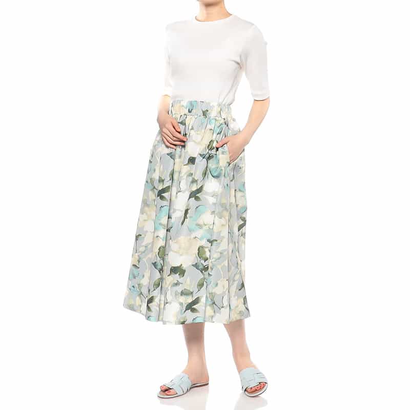 BARNEYS NEW YORK ウォッシャブル プリントギャザースカート LIGHT GRAY