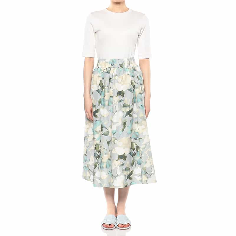 BARNEYS NEW YORK ウォッシャブル プリントギャザースカート LIGHT GRAY