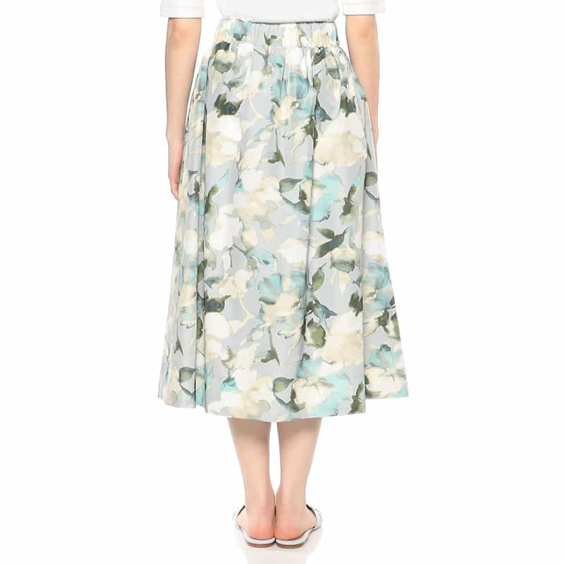 BARNEYS NEW YORK ウォッシャブル プリントギャザースカート LIGHT GRAY