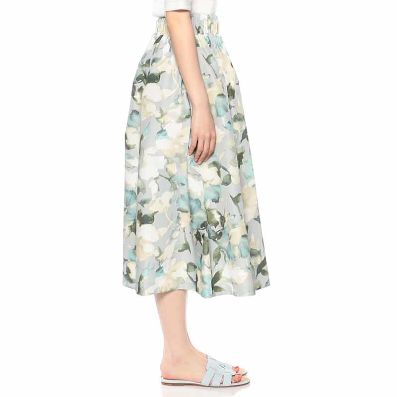 BARNEYS NEW YORK ウォッシャブル プリントギャザースカート LIGHT GRAY