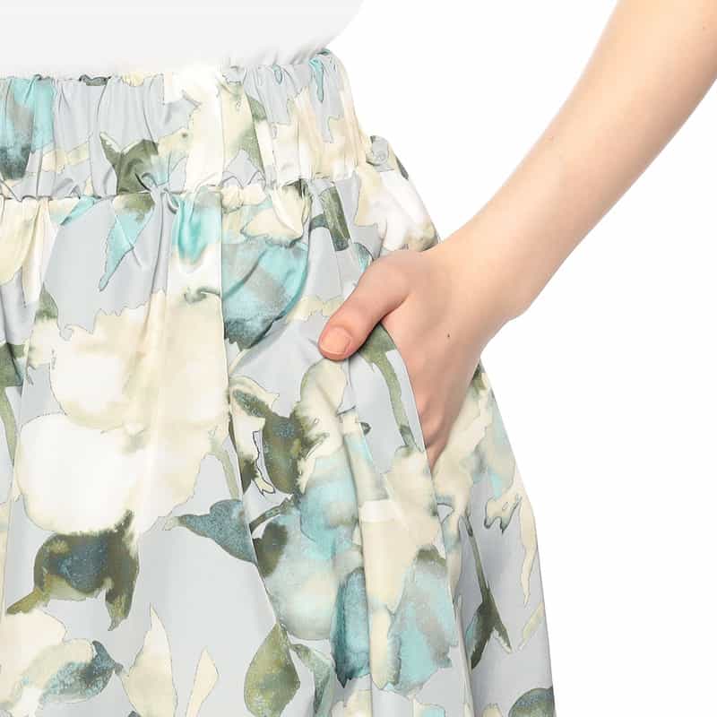 BARNEYS NEW YORK ウォッシャブル プリントギャザースカート LIGHT GRAY