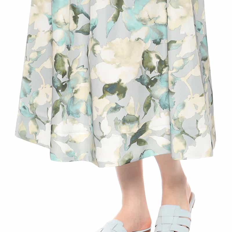 BARNEYS NEW YORK ウォッシャブル プリントギャザースカート LIGHT GRAY