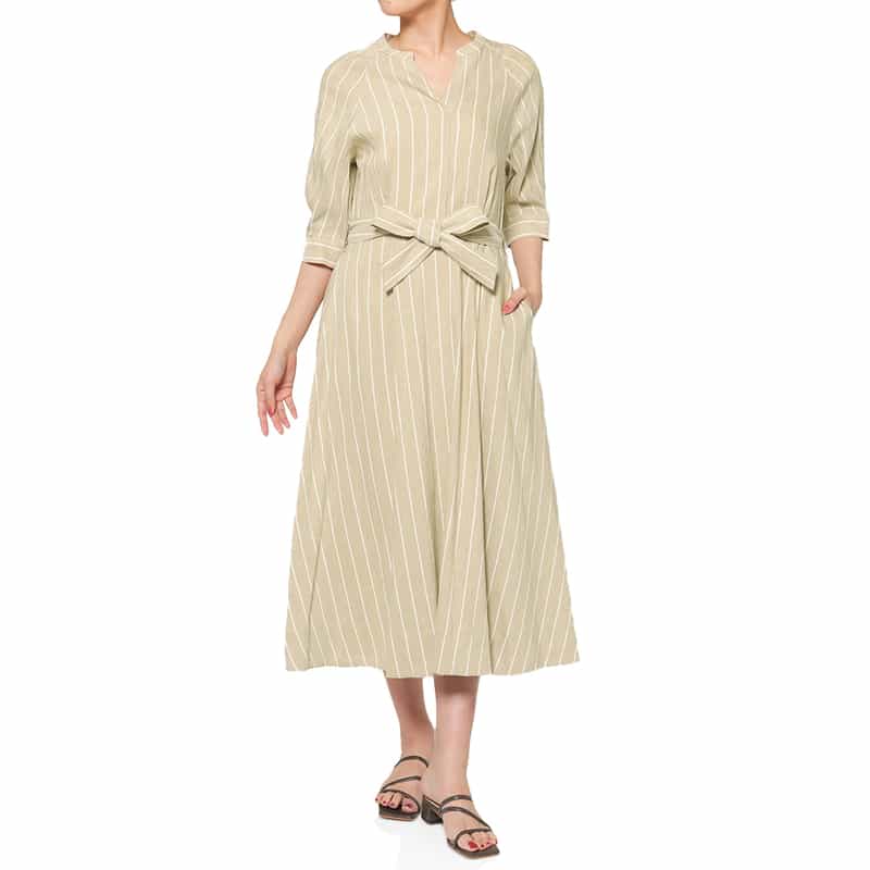 BARNEYS NEW YORK リネン混 ストライプ柄 ベルテッドシャツドレス （ペチコート付き） BEIGE