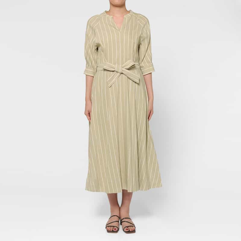 BARNEYS NEW YORK リネン混 ストライプ柄 ベルテッドシャツドレス （ペチコート付き） BEIGE