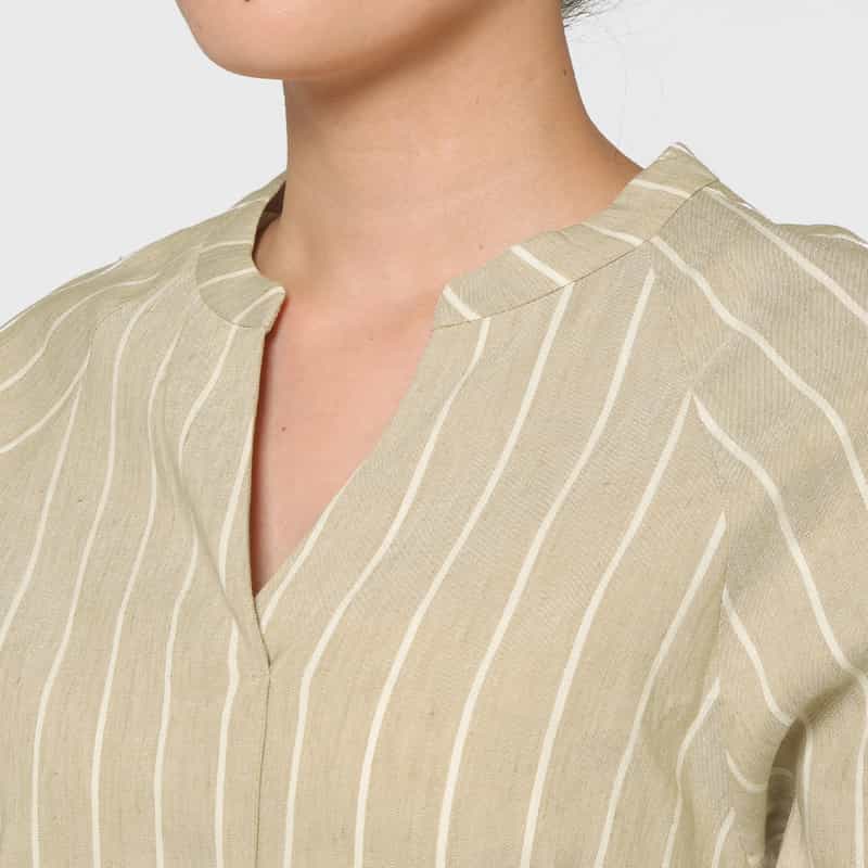 BARNEYS NEW YORK リネン混 ストライプ柄 ベルテッドシャツドレス （ペチコート付き） BEIGE