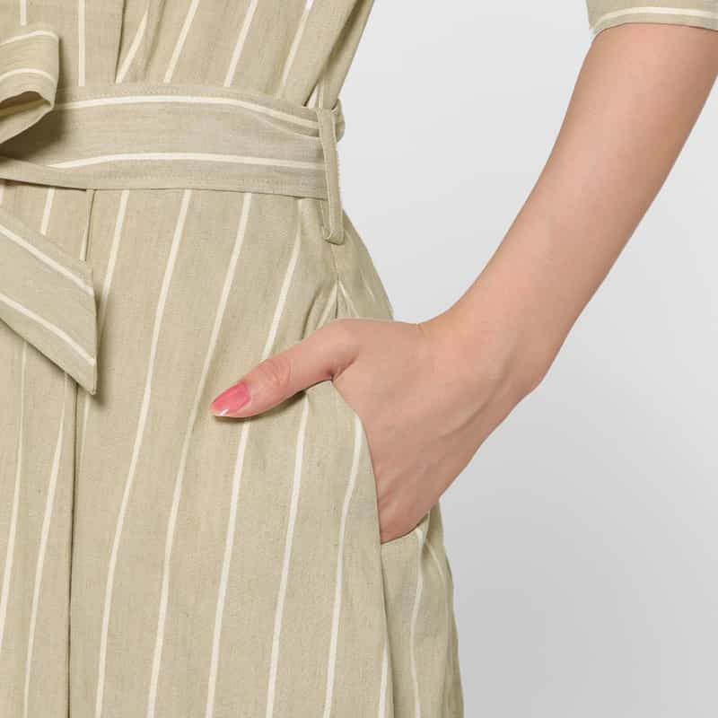 BARNEYS NEW YORK リネン混 ストライプ柄 ベルテッドシャツドレス （ペチコート付き） BEIGE