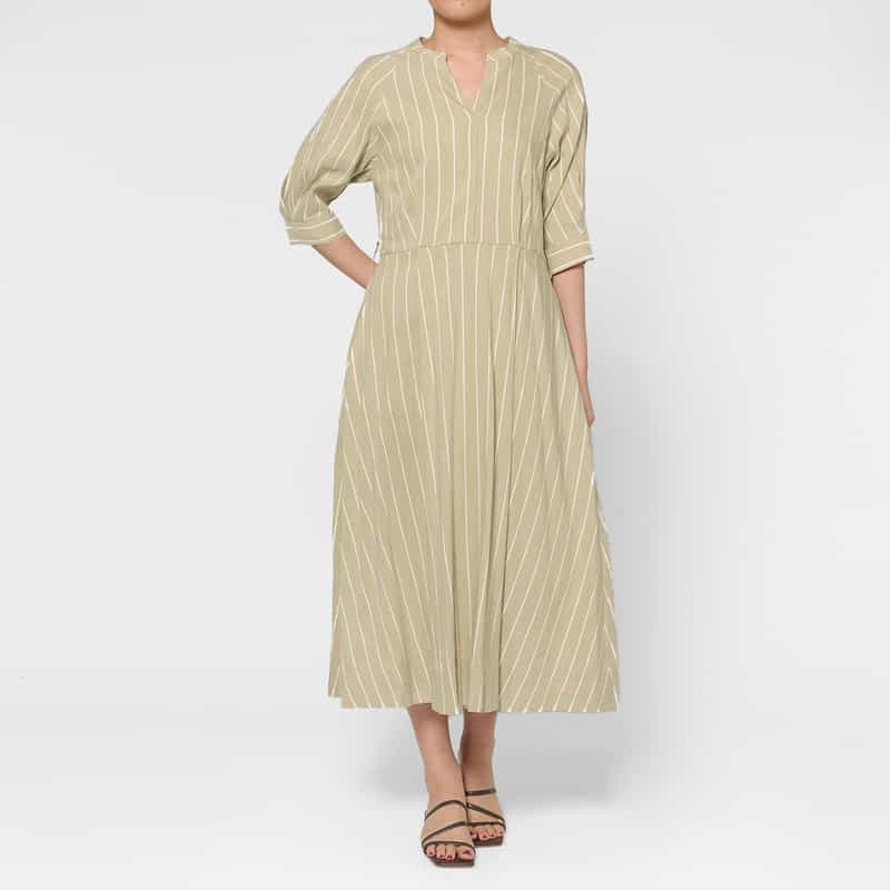 BARNEYS NEW YORK リネン混 ストライプ柄 ベルテッドシャツドレス （ペチコート付き） BEIGE