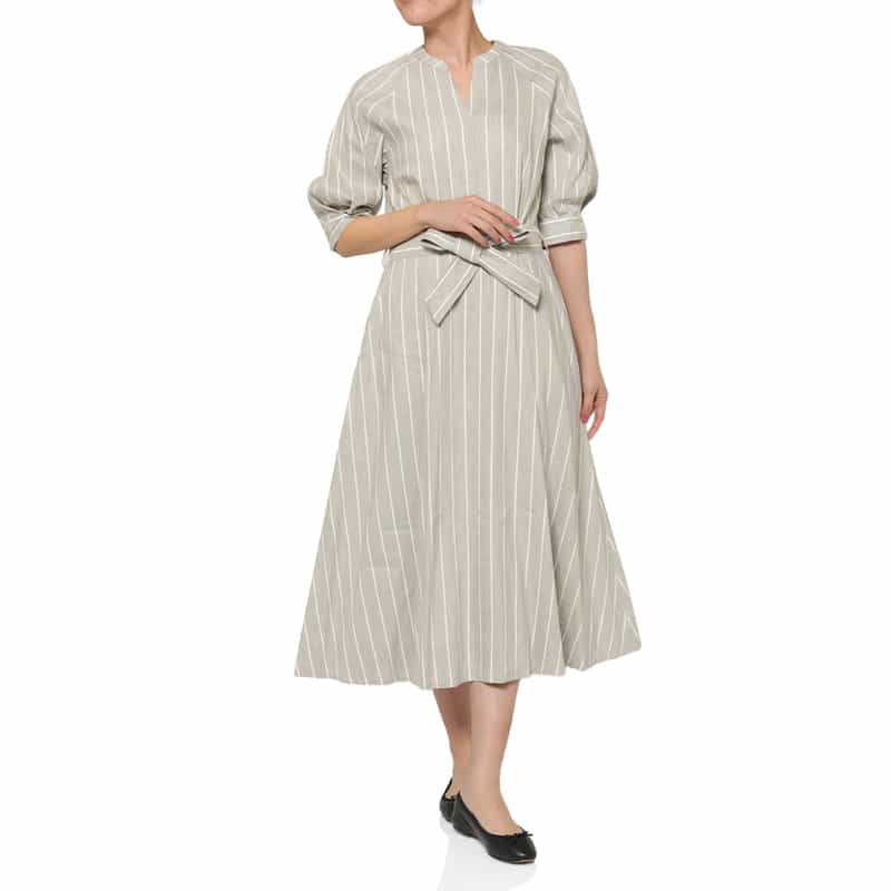 BARNEYS NEW YORK リネン混 ストライプ柄 ベルテッドシャツドレス （ペチコート付き） LIGHT GRAY