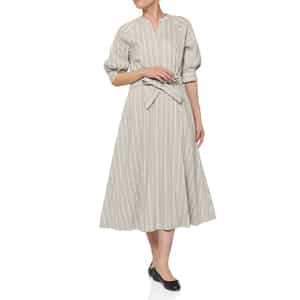 リネン混 ストライプ柄 ベルテッドシャツドレス （ペチコート付き）