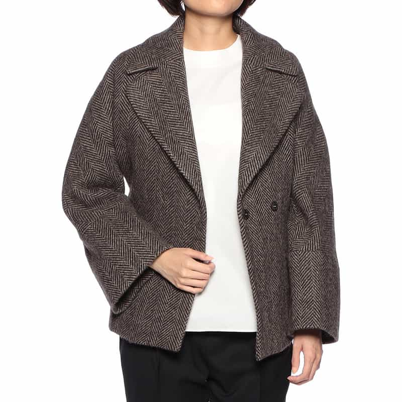 BARNEYS NEW YORK ヘリンボーン ベルテッド ショートコート BROWN