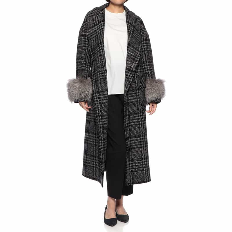 BARNEYS NEW YORK ウールカシミヤ素材 ファー付きスリーブ チェック柄ベルテッドコート BLACK