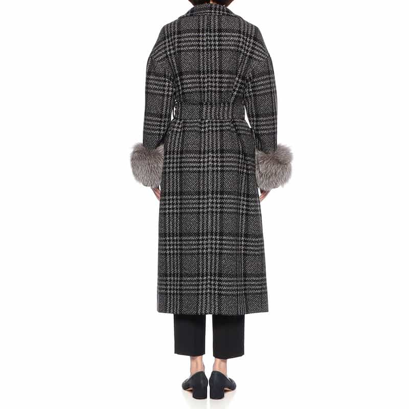 BARNEYS NEW YORK ウールカシミヤ素材 ファー付きスリーブ チェック柄ベルテッドコート BLACK