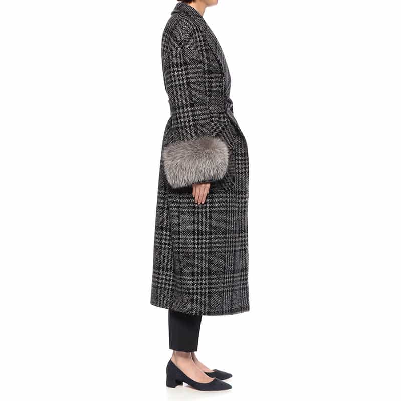 BARNEYS NEW YORK ウールカシミヤ素材 ファー付きスリーブ チェック柄ベルテッドコート BLACK