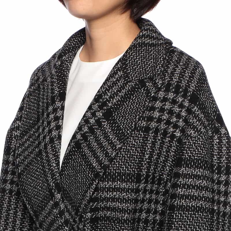 BARNEYS NEW YORK ウールカシミヤ素材 ファー付きスリーブ チェック柄ベルテッドコート BLACK