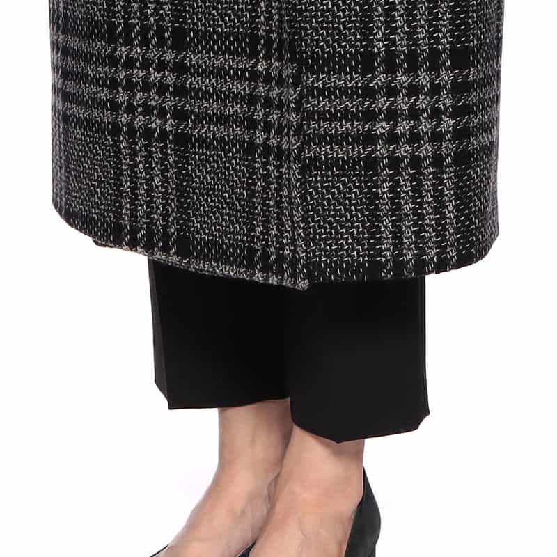 BARNEYS NEW YORK ウールカシミヤ素材 ファー付きスリーブ チェック柄ベルテッドコート BLACK