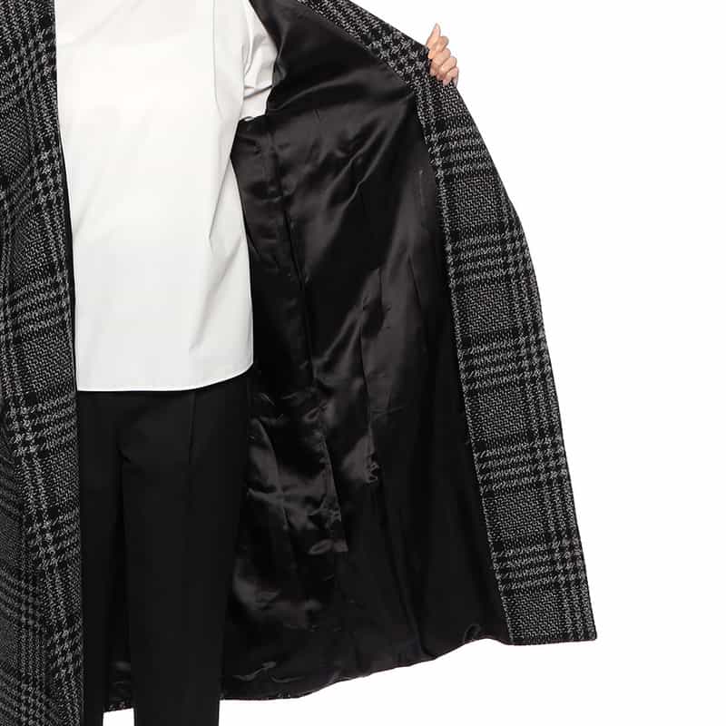 BARNEYS NEW YORK ウールカシミヤ素材 ファー付きスリーブ チェック柄ベルテッドコート BLACK