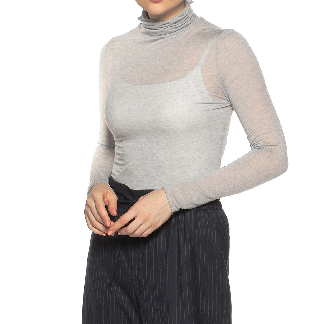 ウォッシャブル シアー素材 タートルネックニットプルオーバー