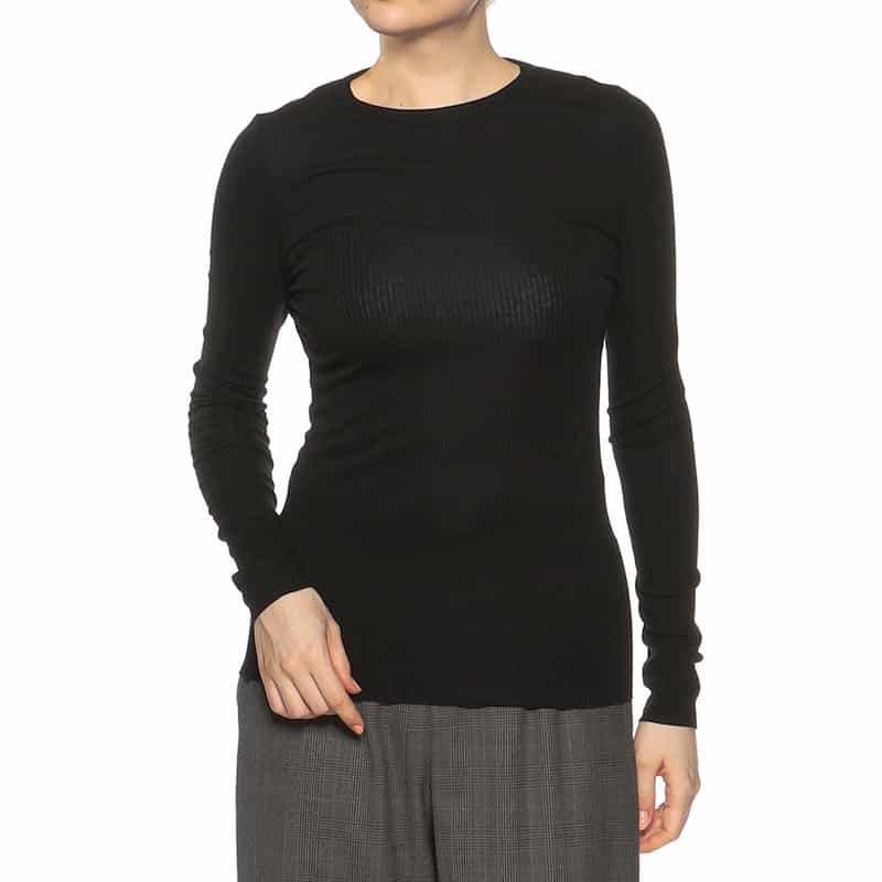 BARNEYS NEW YORK ウォッシャブル シアー素材 クルーネック リブニットプルオーバー BLACK