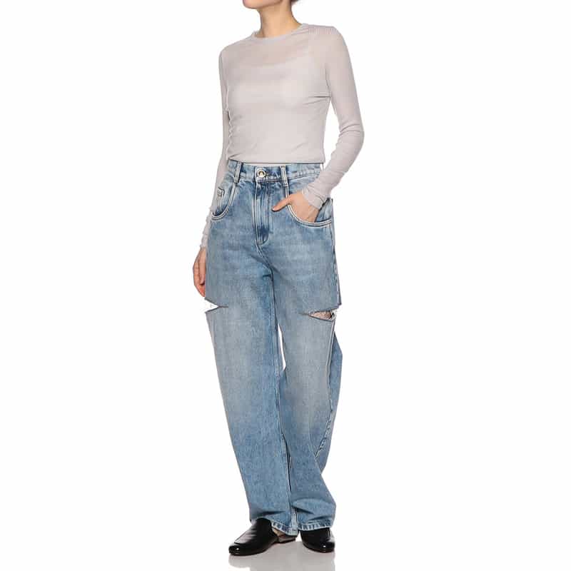 BARNEYS NEW YORK ウォッシャブル シアー素材 クルーネック リブニットプルオーバー LIGHT GRAY