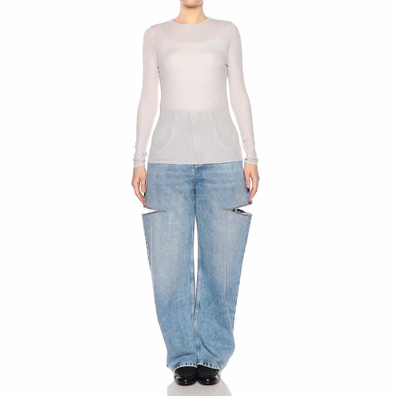 BARNEYS NEW YORK ウォッシャブル シアー素材 クルーネック リブニットプルオーバー LIGHT GRAY