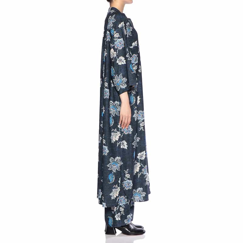 BARNEYS NEW YORK ウォッシャブル フラワー柄プリント シャツドレス NAVY