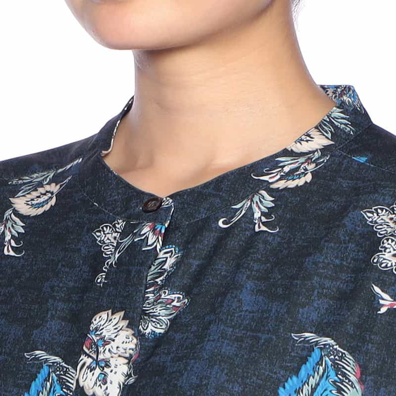 BARNEYS NEW YORK ウォッシャブル フラワー柄プリント シャツドレス NAVY