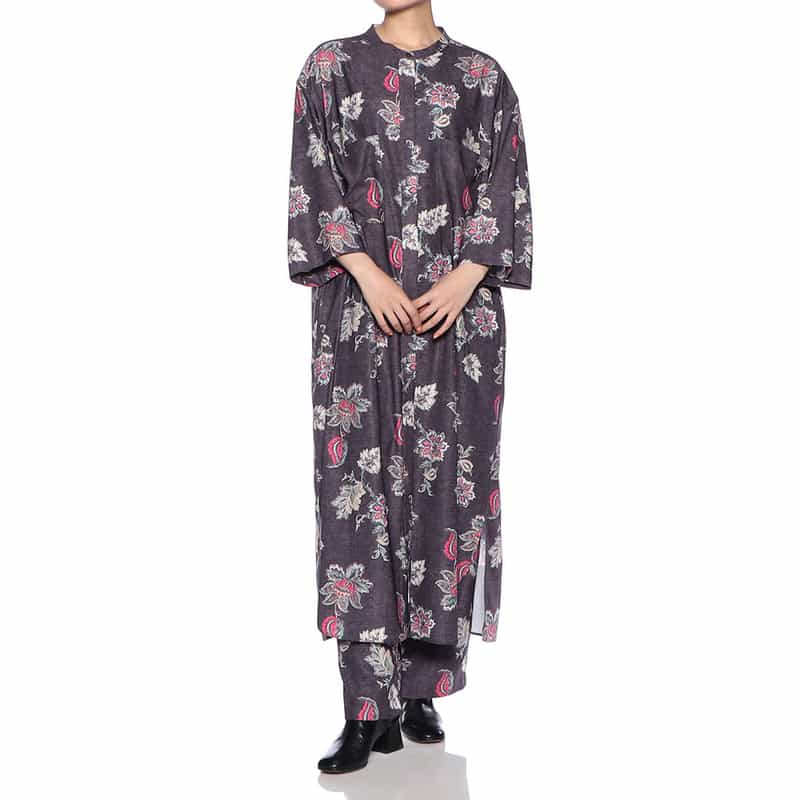 BARNEYS NEW YORK ウォッシャブル フラワー柄プリント シャツドレス WINE