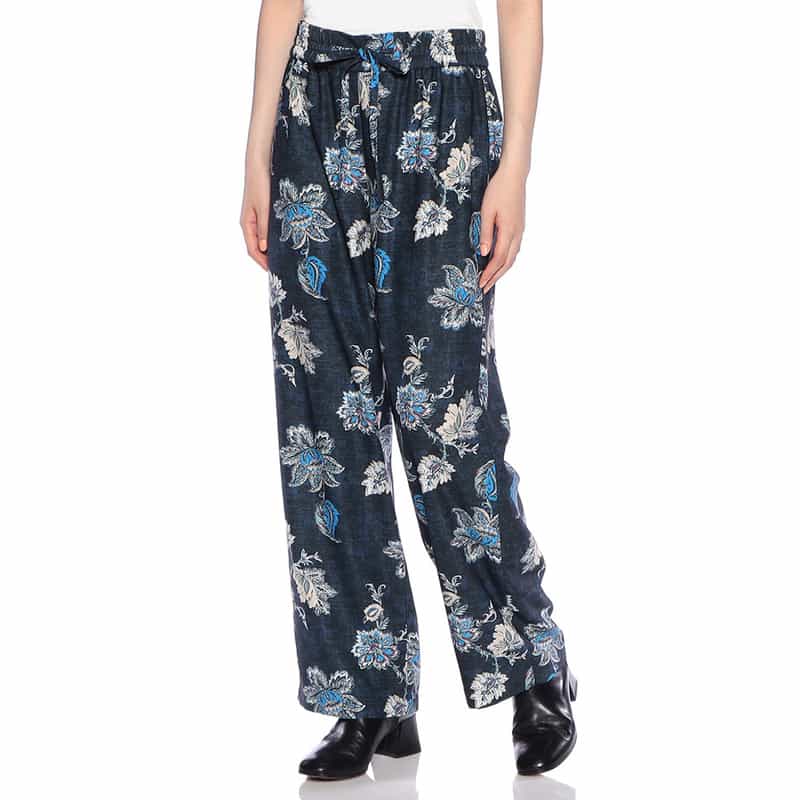 BARNEYS NEW YORK ウォッシャブル フラワー柄プリント ワイドパンツ NAVY