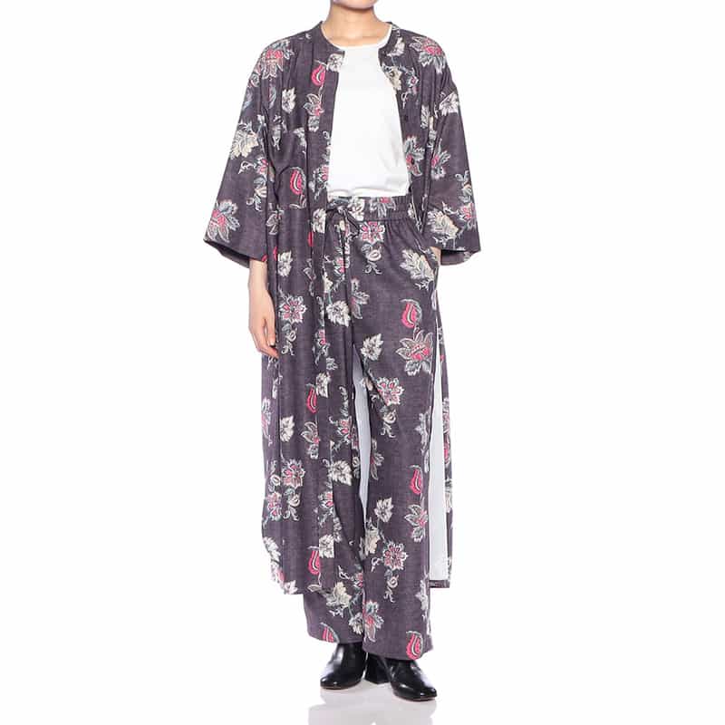 BARNEYS NEW YORK ウォッシャブル フラワー柄プリント ワイドパンツ WINE