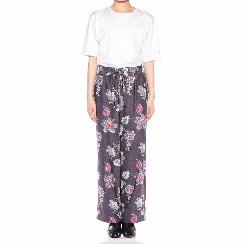 BARNEYS NEW YORK ウォッシャブル フラワー柄プリント ワイドパンツ WINE