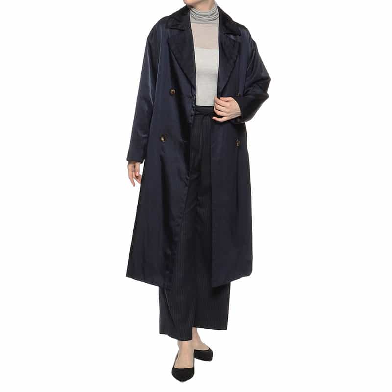 BARNEYS NEW YORK シャイニー ナイロン トレンチコート NAVY