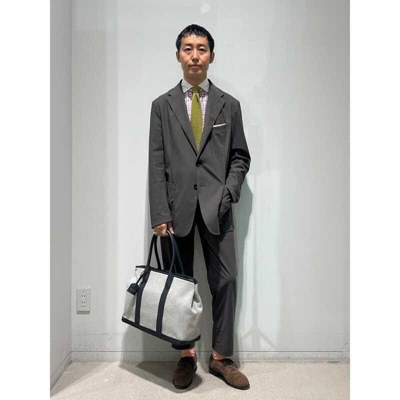 BARNEYS NEW YORK レザーハンドルシャンブレートートバッグ NAVY