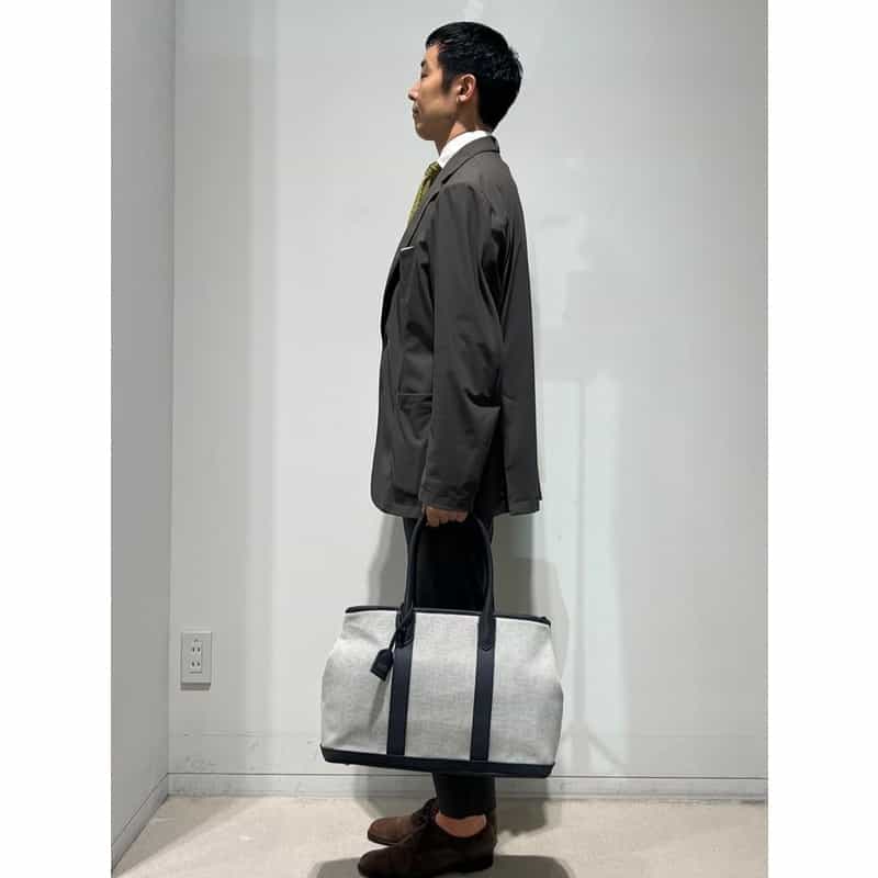 BARNEYS NEW YORK レザーハンドルシャンブレートートバッグ NAVY