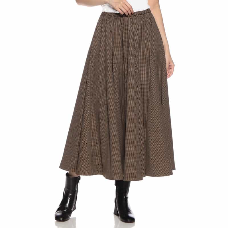 BARNEYS NEW YORK ウォッシャブル ギンガムチェック柄フレアミディスカート BROWN