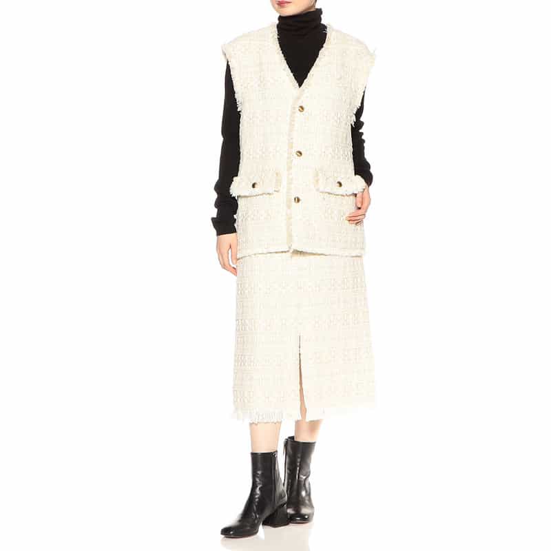 BARNEYS NEW YORK セットアップ ツイードフリンジ スカート WHITE