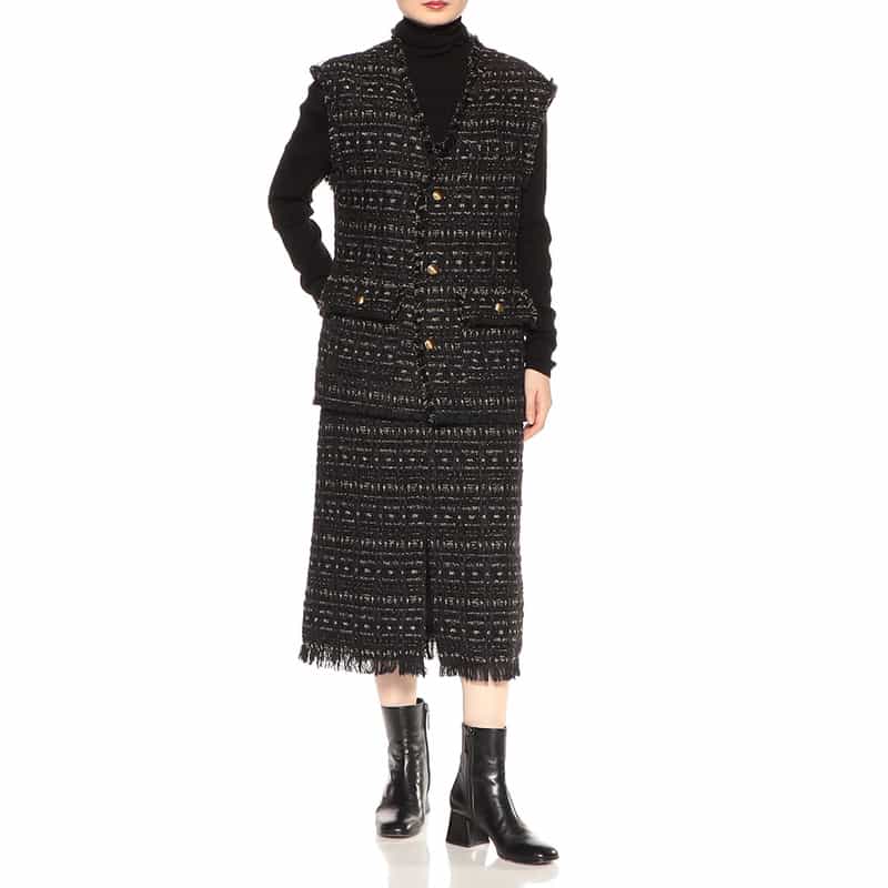 BARNEYS NEW YORK セットアップ ツイードフリンジ スカート BLACK